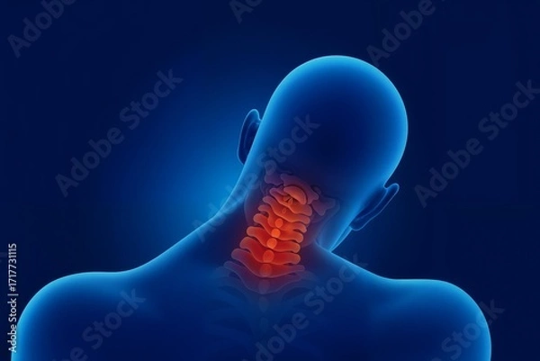 Obraz Medical illustration of human neck spine pain in blue anatomical style, red highlight colors, health and cervical disease concept with space to copy