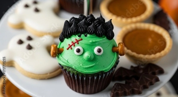 Obraz Festive Halloween Treats - Frankenstein Cupcake, Ghost Cookies, and Pumpkin Pies on Tiered Stand.