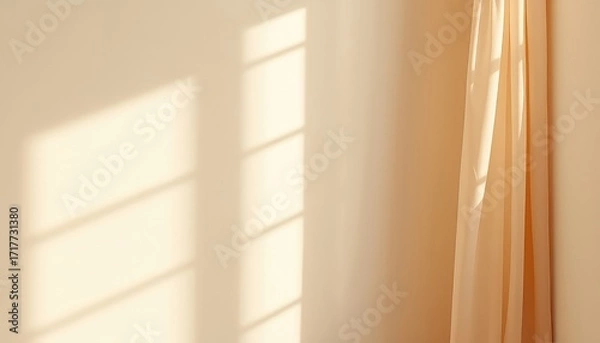 Fototapeta Gentle sun rays stream through window illuminating wall with a soft glow, creating an ambiance of tranquil serenity in the light filled space