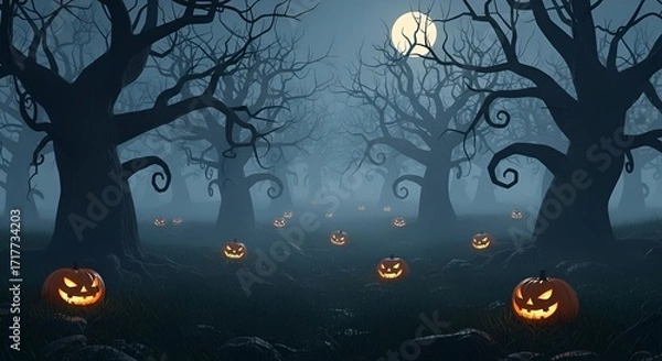 Fototapeta An atmospheric halloween forest scene with glowing jackolanterns scattered among bare trees under a full moon, creating a spooky and mysterious ambiance, perfect for capturing the eerie spirit of the 