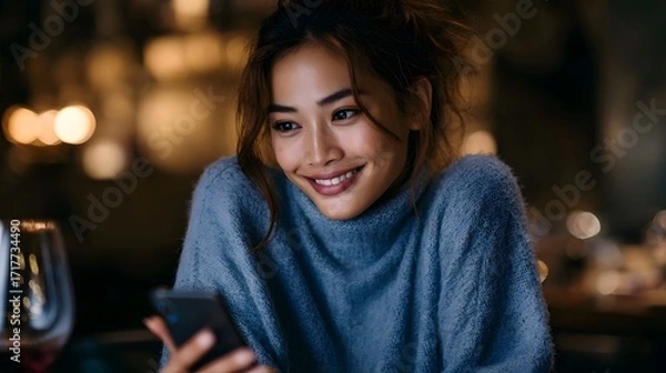 Fototapeta A woman smiles as she uses her smartphone in a cozy dimly lit cafe