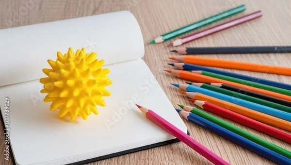 Fototapeta Colorful Art Supplies and Spiky Yellow Toy on Notepad for Creative Projects and Activities
