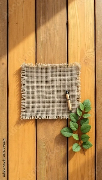 Fototapeta Burlap fabric with frayed edges on a wooden surface, accompanied by a wooden pen and a fresh green leafed twig