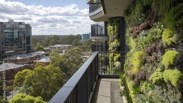 Fototapeta Modern Urban Balcony with Lush Vertical Garden and Scenic City View Under Bright Sky