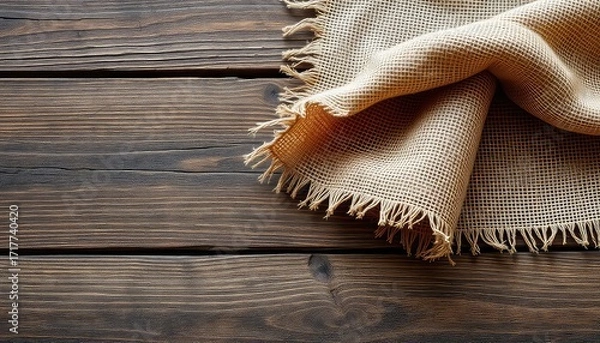 Fototapeta Rustic texture A woven burlap cloth drapes over a dark wooden surface with natural grains creating a vintage aesthetic