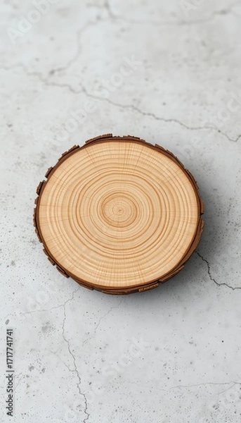 Fototapeta A cut wooden log slice shows rings of growth on a gray textured background for product placement.