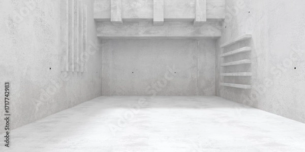 Fototapeta Abstract empty, modern concrete room with open ceiling, wall decoration elements and rough floor - industrial interior background template