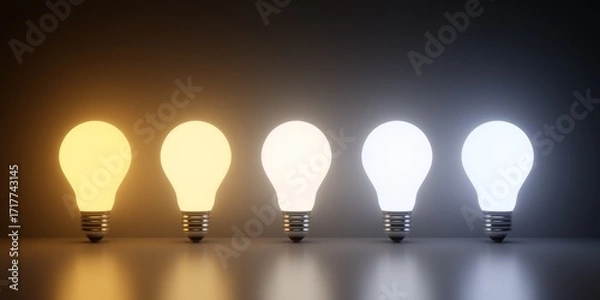 Fototapeta Row of light bulbs showing different color temperatures from warm orange to cool blue on dark background