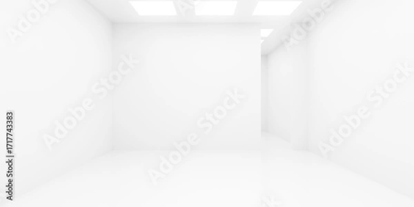 Fototapeta Empty blank white room or museum background with square lights in the ceiling, modern interior template