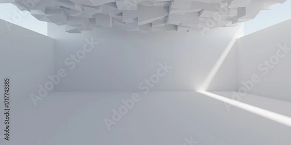 Fototapeta Empty blank white room background with abstract random geometrical cubes ceiling and wide openings for sunlight, modern interior template
