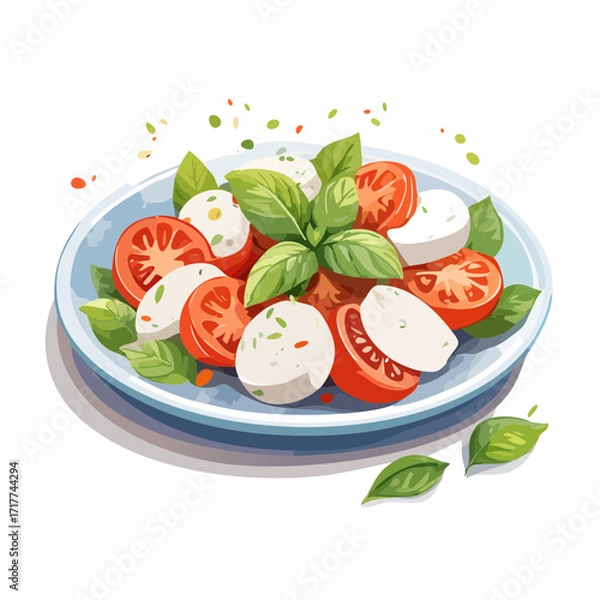 Fototapeta 水彩画で描かれたカプレーゼサラダのイラスト