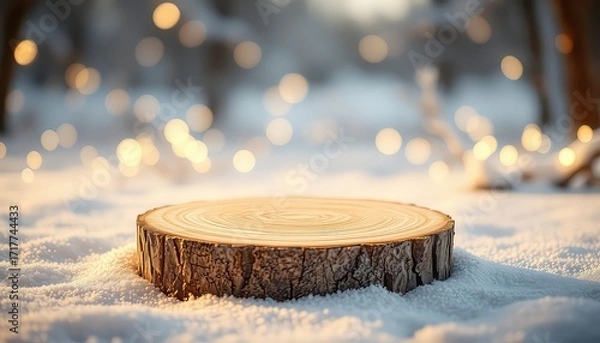 Fototapeta Winter scene featuring a wood slice platform on a snowy surface with festive bokeh lights in the background