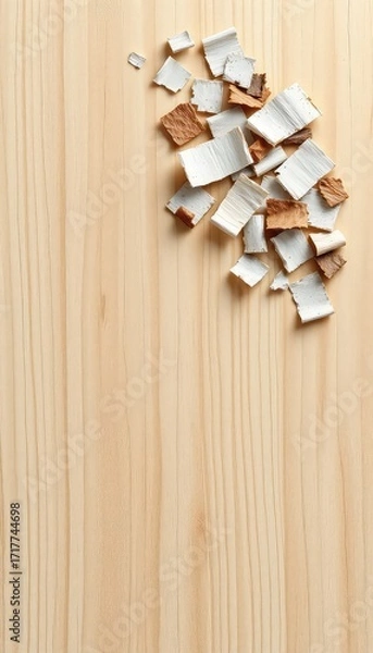 Fototapeta Texture of Raw Wooden Tabletop with White and Brown Tree Bark Pieces in the Upper Right Corner