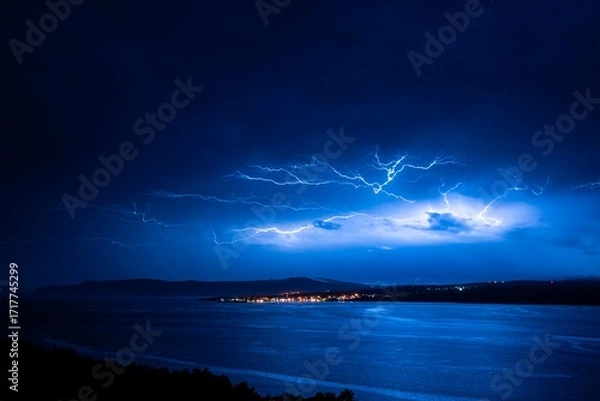 Obraz Lightning over the sea at night during a summer storm, with distant city lights. Perfect for science, design, education, media, travel, or nature visuals.