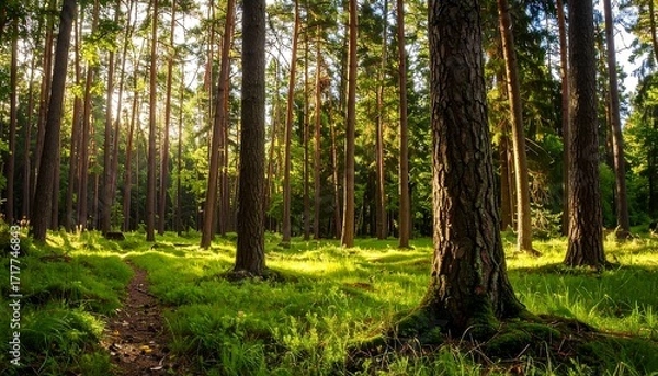 Obraz Sunlight filters through a dense pine forest