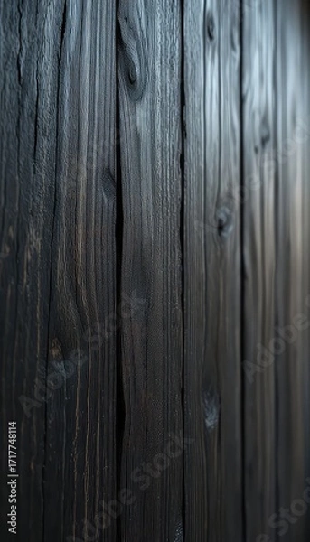 Fototapeta Close up view of dark, textured wooden planks in a vertical orientation with shallow depth of field