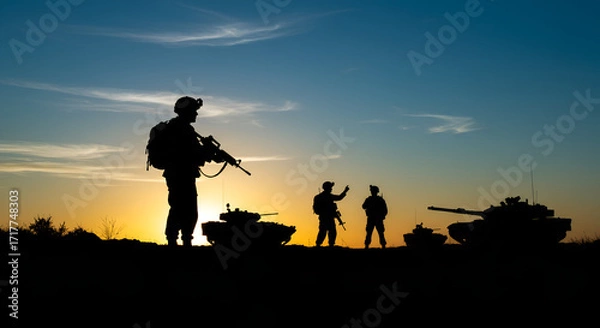 Fototapeta Silhouette of soldiers and military tanks against a dramatic sunset sky, symbolizing war and defense, war and armed conflict. Military troops on patrol at dusk