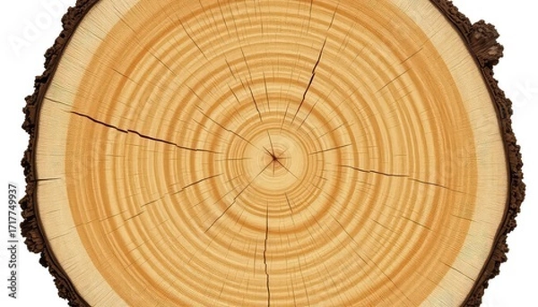 Fototapeta Circular wood slice shows tree rings and bark with texture and small cracks on a seamless white background