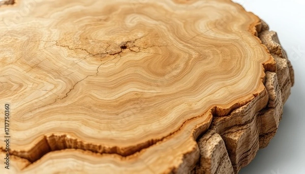 Fototapeta Detailed close up of a cross section of tree trunk showing concentric growth rings and textured bark