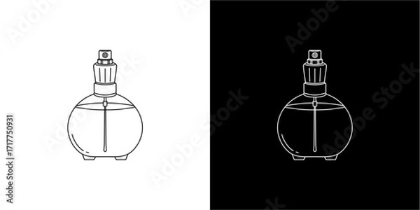 Fototapeta Illustration of a perfume bottle with a round body and a spray nozzle, presented in both black and white versions.