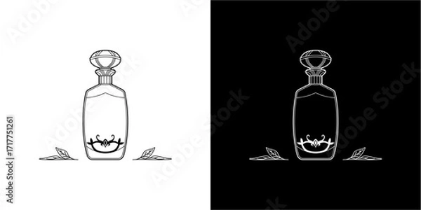 Fototapeta Outline drawing of a decorative glass bottle,  with stylized leaves.