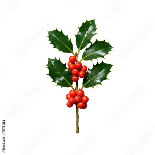 Fototapeta Pristine holly branch with emerald green glossy leaves and ruby-red berries, delicate iridescent faux snow on transparent studio background, high-key flat lay, concept for elegant festive product
