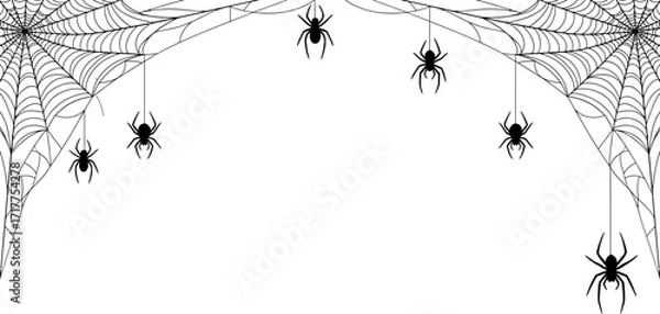 Fototapeta Black and white illustration of spooky spiderwebs with hanging spiders, perfect for Halloween decorations and graphic design