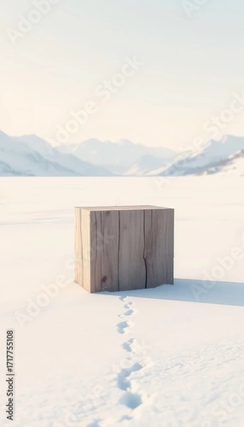 Fototapeta Wooden Cube Platform on a Snowy Plain Backdrop with Mountain Peaks and Soft Lighting