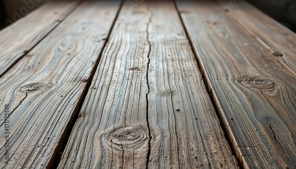 Fototapeta Rustic weathered wood planks create a textured surface, showcasing knotty details and time worn character