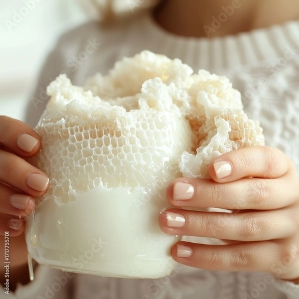 Fototapeta A person holds a jar filled with honeycomb, showcasing the natural sweetness inside