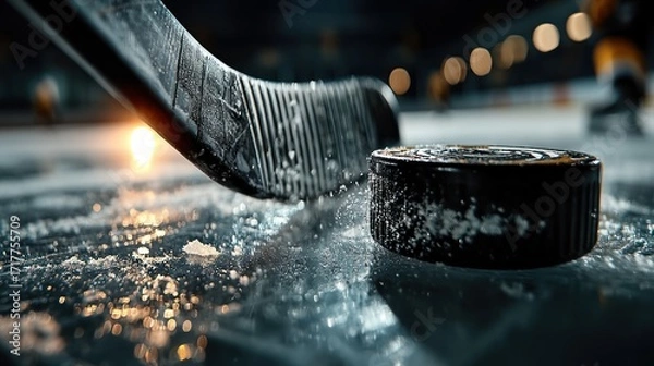 Fototapeta A hockey stick is poised over a puck on the rink, showcasing competitive energy and focus