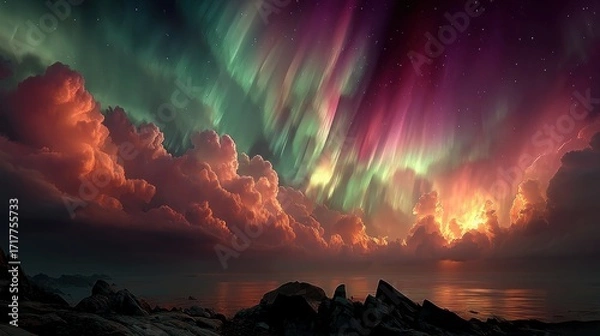 Fototapeta Colorful lights swirl across the sky as day turns to night over a tranquil sea