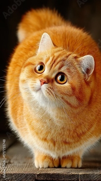 Fototapeta A fluffy orange cat with large eyes curiously explores its surroundings in warm light