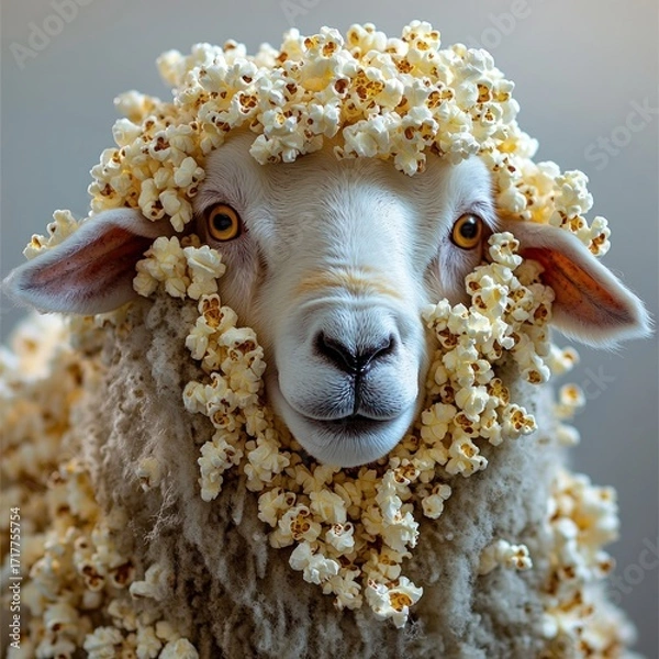 Fototapeta A sheep with a fluffy coat covered in popcorn brings joy and surprise to viewers