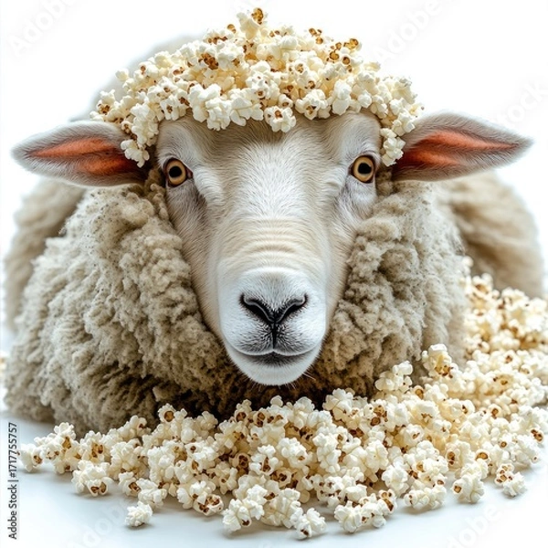 Fototapeta A fluffy sheep plays joyfully in a scattering of popcorn