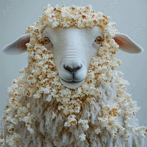 Fototapeta A sheep stands proudly, its wooly fleece adorned with popcorn, creating a playful scene