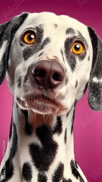 Fototapeta A Dalmatian with bright eyes and spots stands elegantly against a pink backdrop