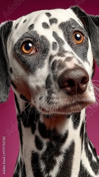 Fototapeta A joyful dalmatian curiously gazes at the camera, highlighting its unique coat