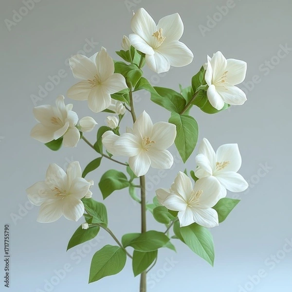 Fototapeta A cluster of white flowers blooms, displaying vibrant petals and green leaves