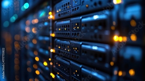 Fototapeta Servers glow softly in the technology hub, showcasing a high capacity data center