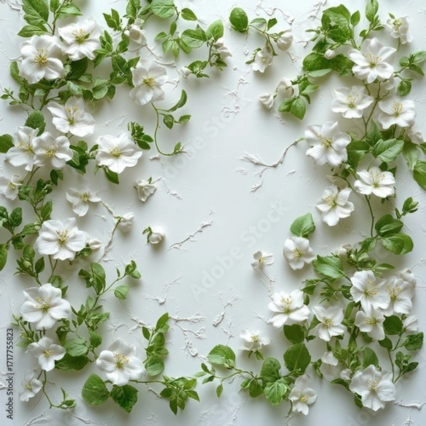 Fototapeta Soft white blossoms and vibrant green foliage intertwine to form an artistic arrangement