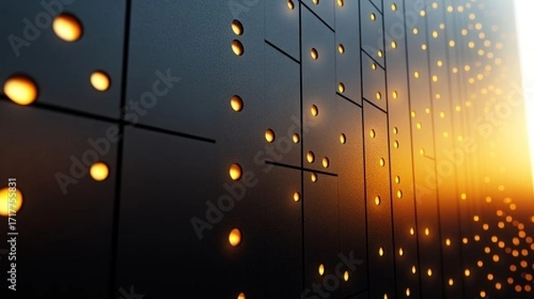 Fototapeta Warm sunset light filters through a wall, creating intriguing shapes and shadows