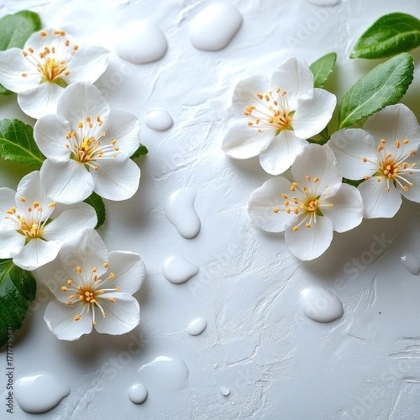 Fototapeta White blossoms and green leaves atop a smooth surface create a serene scene