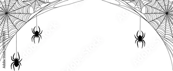 Fototapeta Halloween banner with spooky black spiders and cobwebs frame