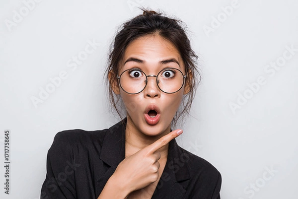 Fototapeta Surprised Woman Pointing with Expression