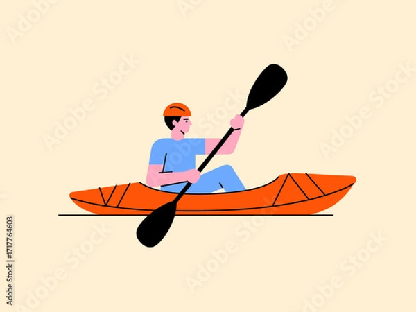 Fototapeta Dynamic person paddles bright orange kayak through serene waters, embracing adventure and outdoor freedom.