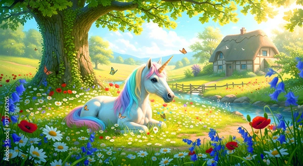 Obraz Magical unicorn resting in a sunlit meadow with flowers and cottage