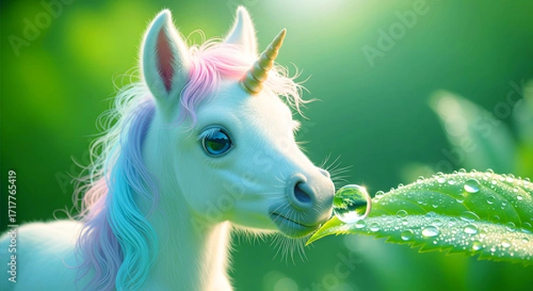 Obraz Magical unicorn with pink and purple mane in a dewy green meadow