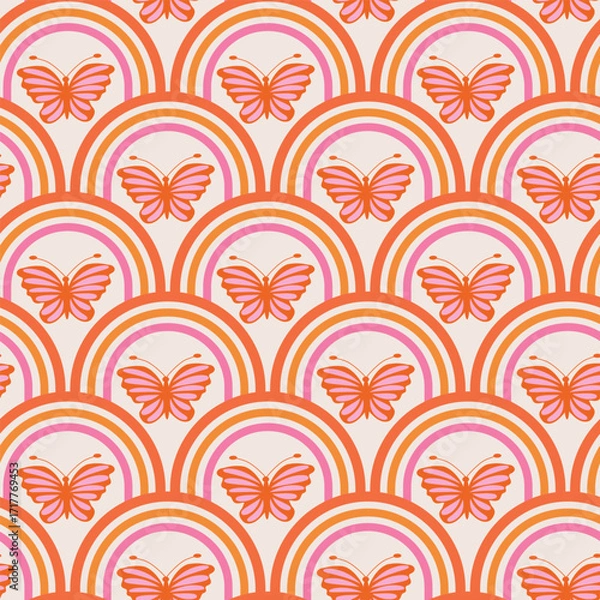 Fototapeta Retro Butterflies in Rainbows seamless pattern in orange, pink and red. For fabric, textile and wallpaper