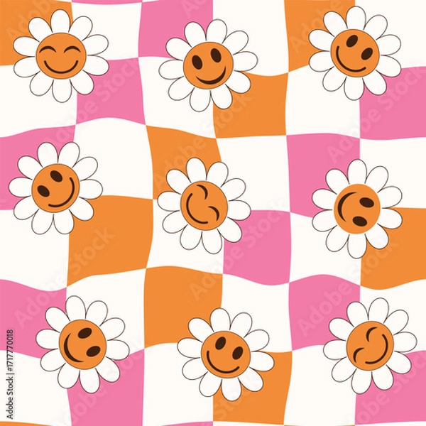Fototapeta Happy Smiling retro flowers on Warped Pink and orange checkerboards seamless pattern. For Wrapping paper, stationery and fabric